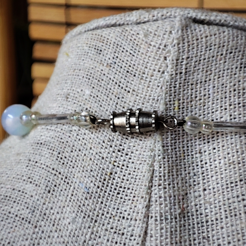 Blue Opalite Opaline Glass Y Design Necklace Silver Tone Barrel Clasp Artisan - Picture 5 of 9